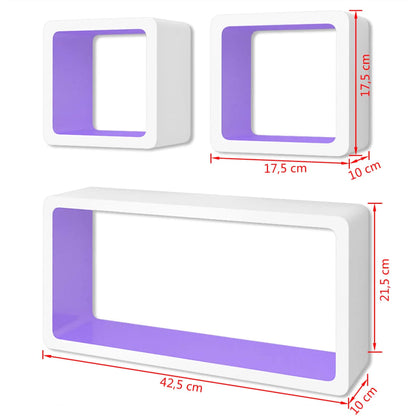 3 White-purple MDF Floating Wall Display Shelf Cubes Book/DVD Storage