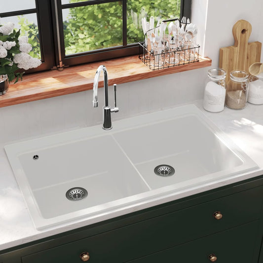 Overmount Kitchen Sink Double Basin Granite Cream White
