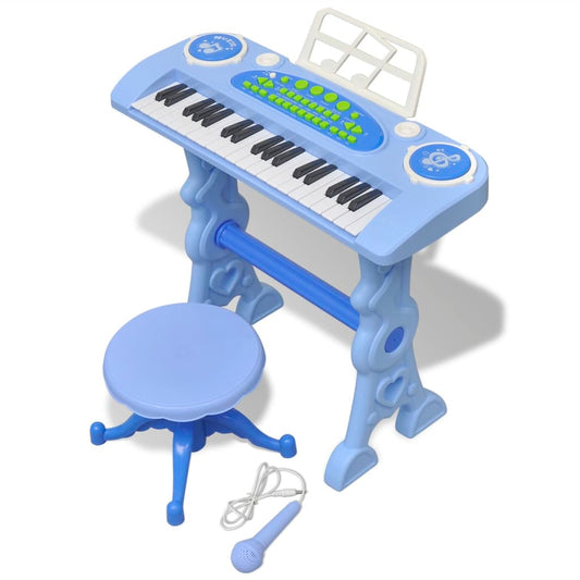 Kids' Playroom Toy Keyboard with Stool/Microphone 37-key Blue