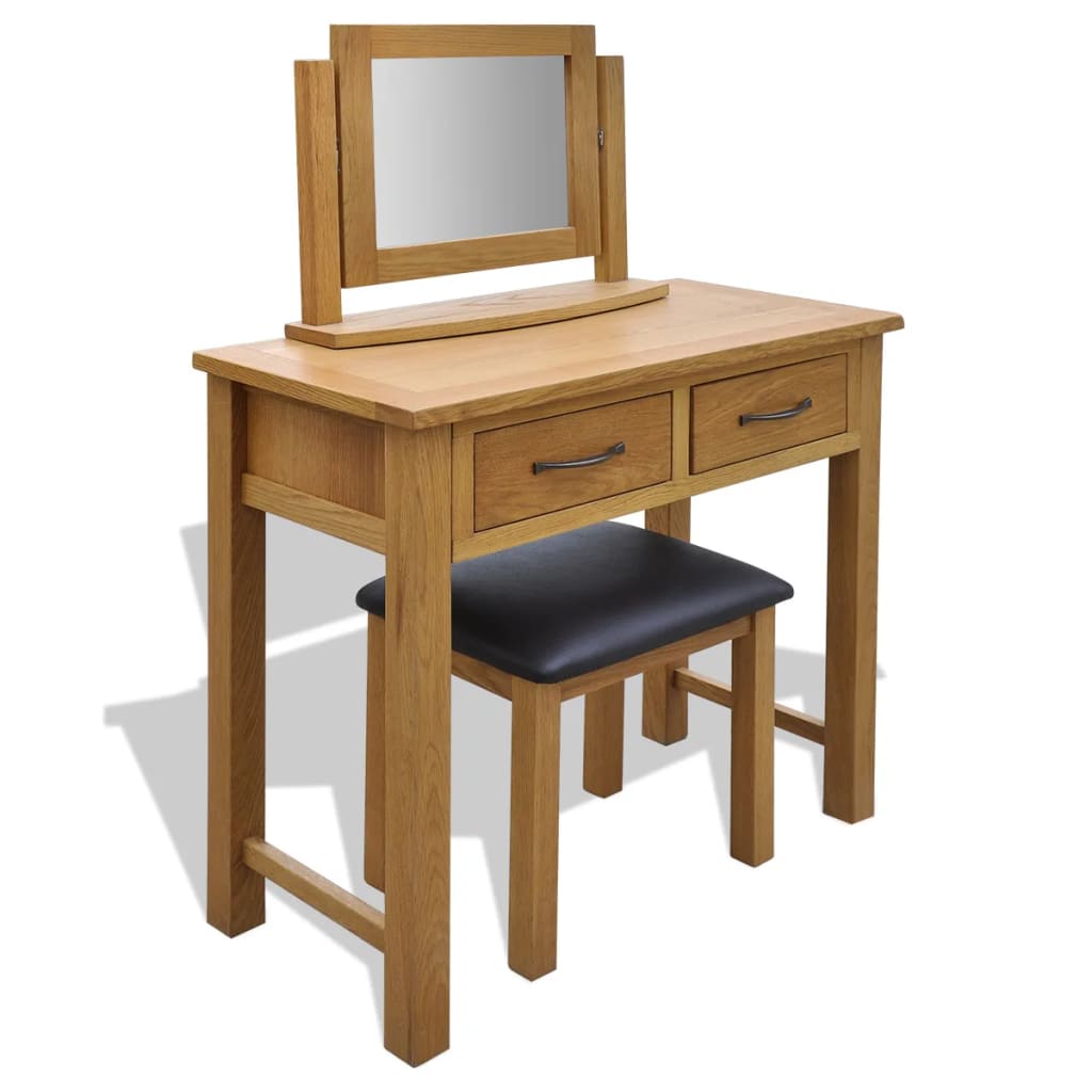 Berkfield Dressing Table with Stool Solid Oak Wood
