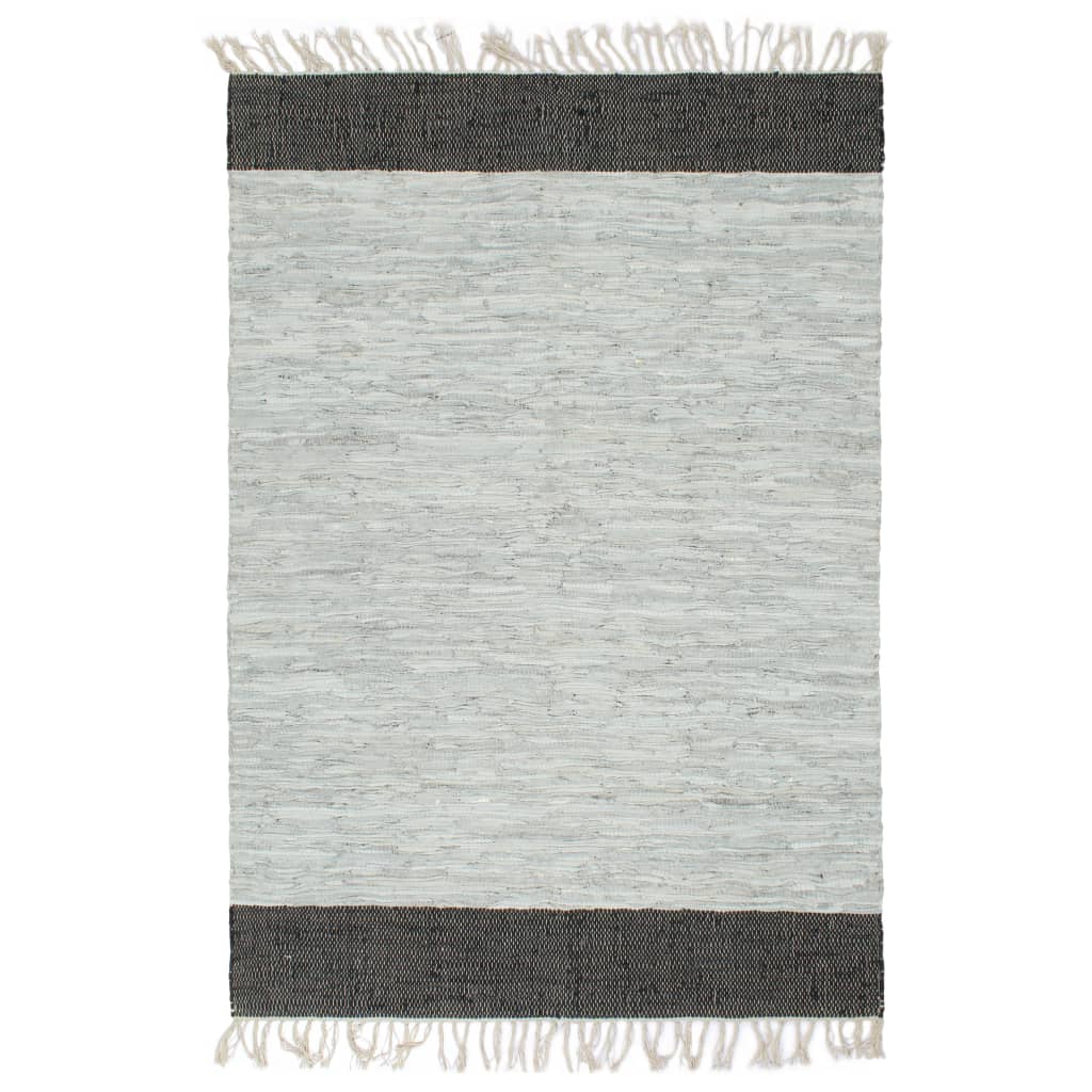 Berkfield Hand-woven Chindi Rug Leather 190x280 cm Light Grey and Black