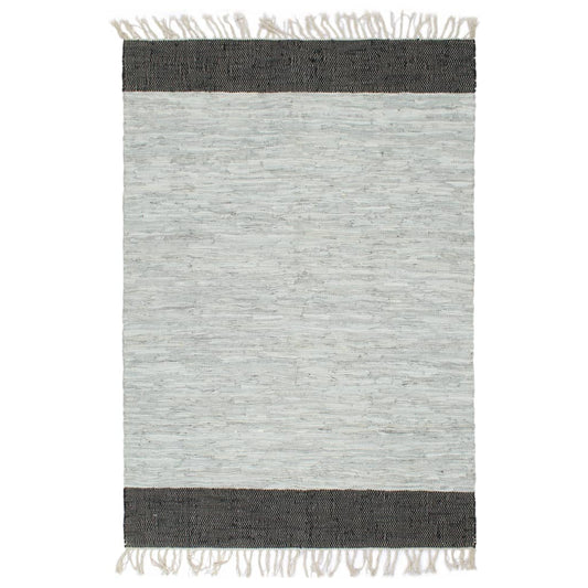 Berkfield Hand-woven Chindi Rug Leather 190x280 cm Light Grey and Black