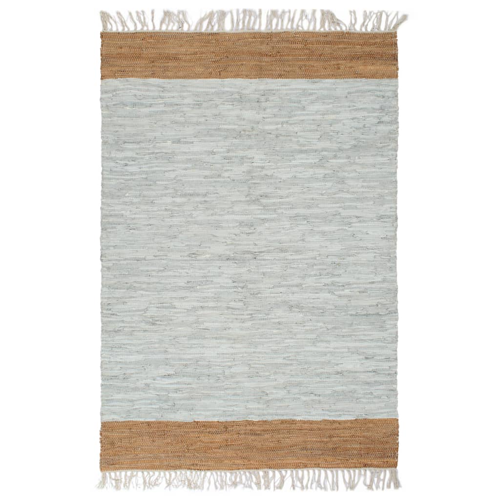 Berkfield Hand-woven Chindi Rug Leather 160x230 cm Light Grey and Tan