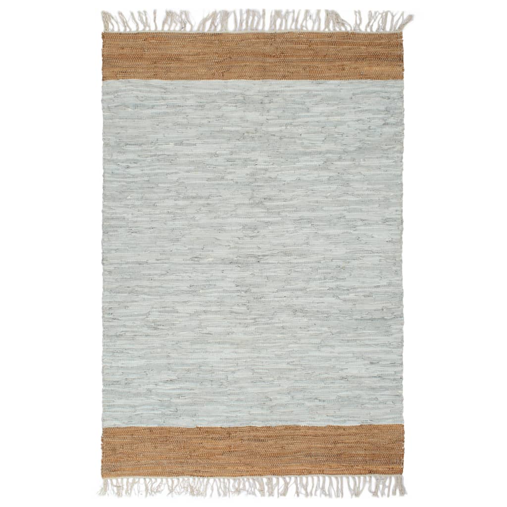 Berkfield Hand-woven Chindi Rug Leather 190x280 cm Light Grey and Tan
