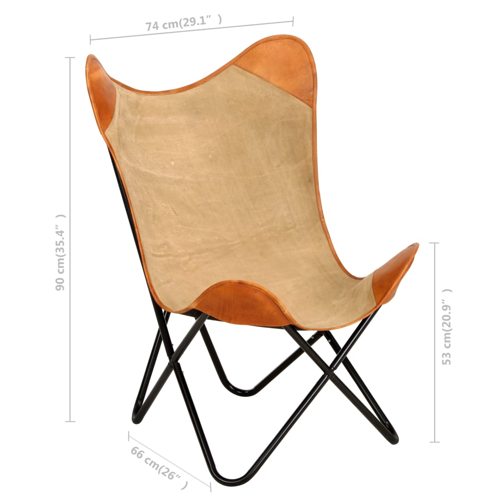Berkfield Butterfly Chair Brown Real Leather and Canvas