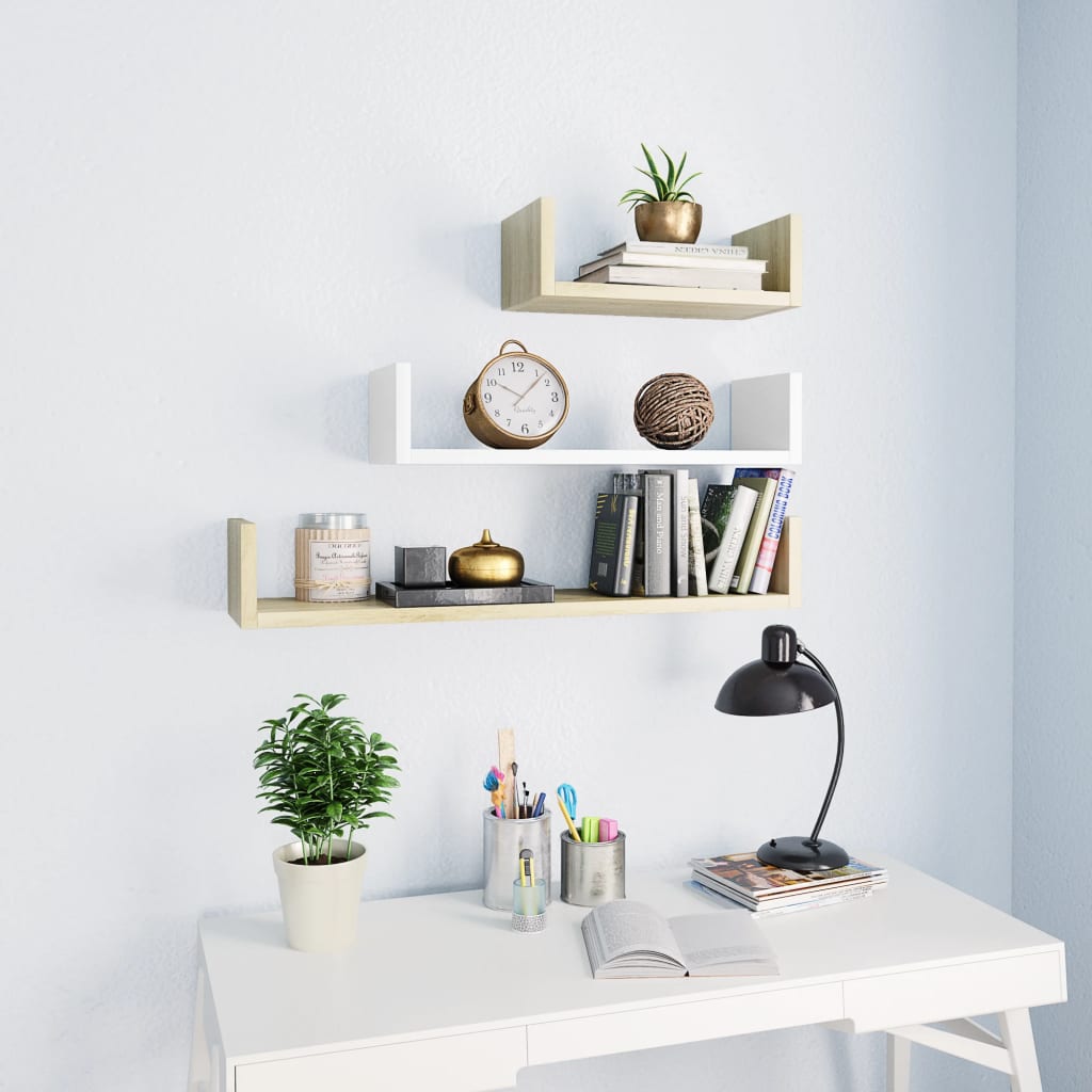 Berkfield Wall Display Shelf 3 pcs White and Sonoma Oak Engineered Wood