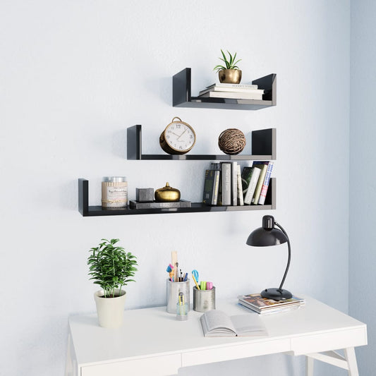 Berkfield Wall Display Shelf 3 pcs High Gloss Black Engineered Wood