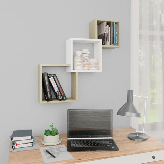 Berkfield Cube Wall Shelf White and Sonoma Oak 68x15x68 cm Engineered Wood