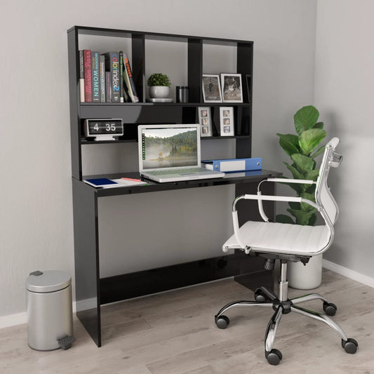 Berkfield Desk with Shelf High Gloss Black 110x45x157 cm Engineered Wood