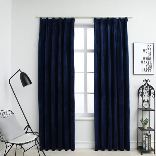 Berkfield Blackout Curtains 2 pcs with Hooks Velvet Dark Blue 140x175 cm