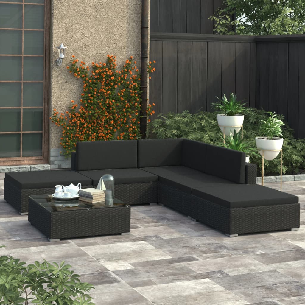 Berkfield 6 Piece Garden Lounge Set with Cushions Poly Rattan Black