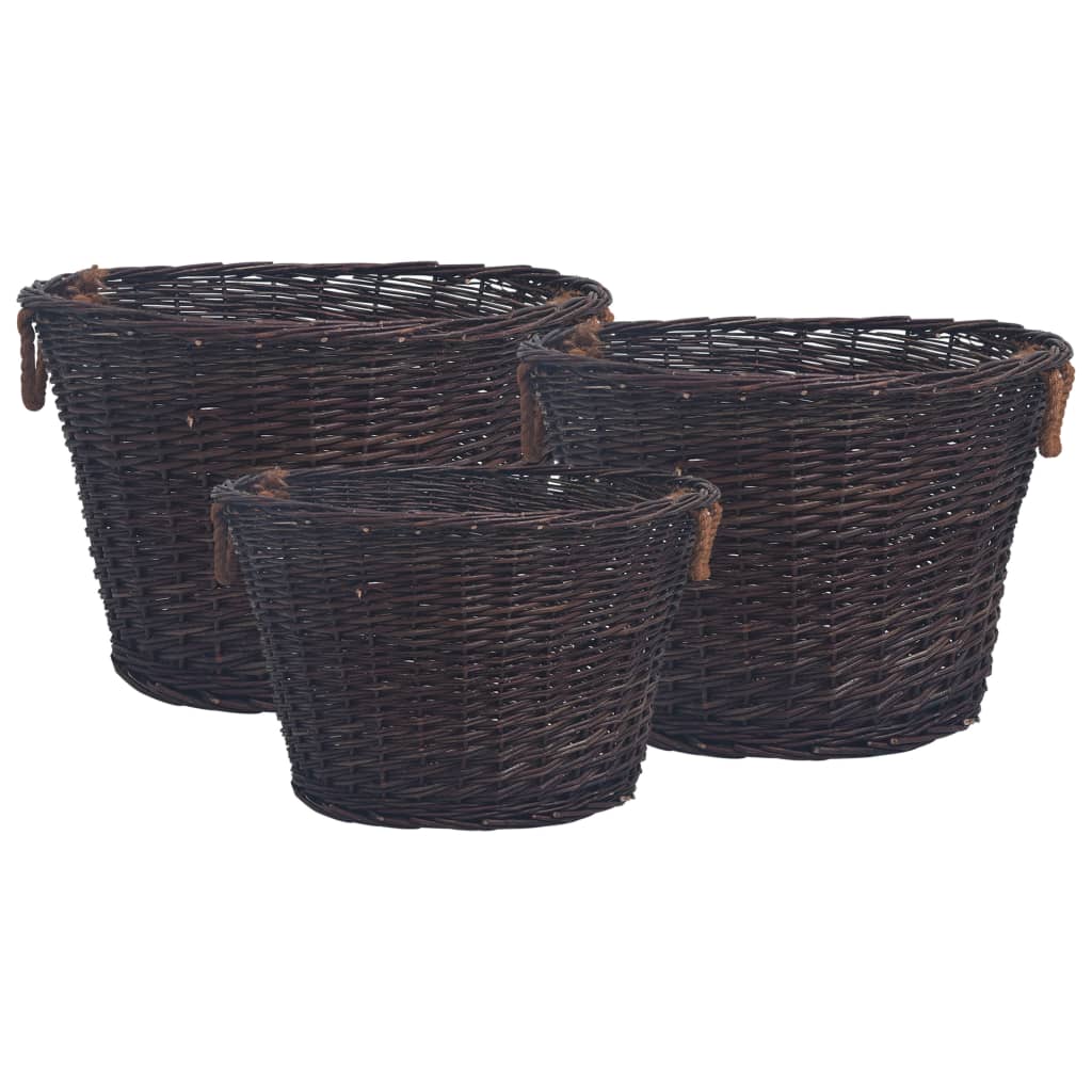 Berkfield 3 Piece Stackable Firewood Basket Set Dark Brown Willow