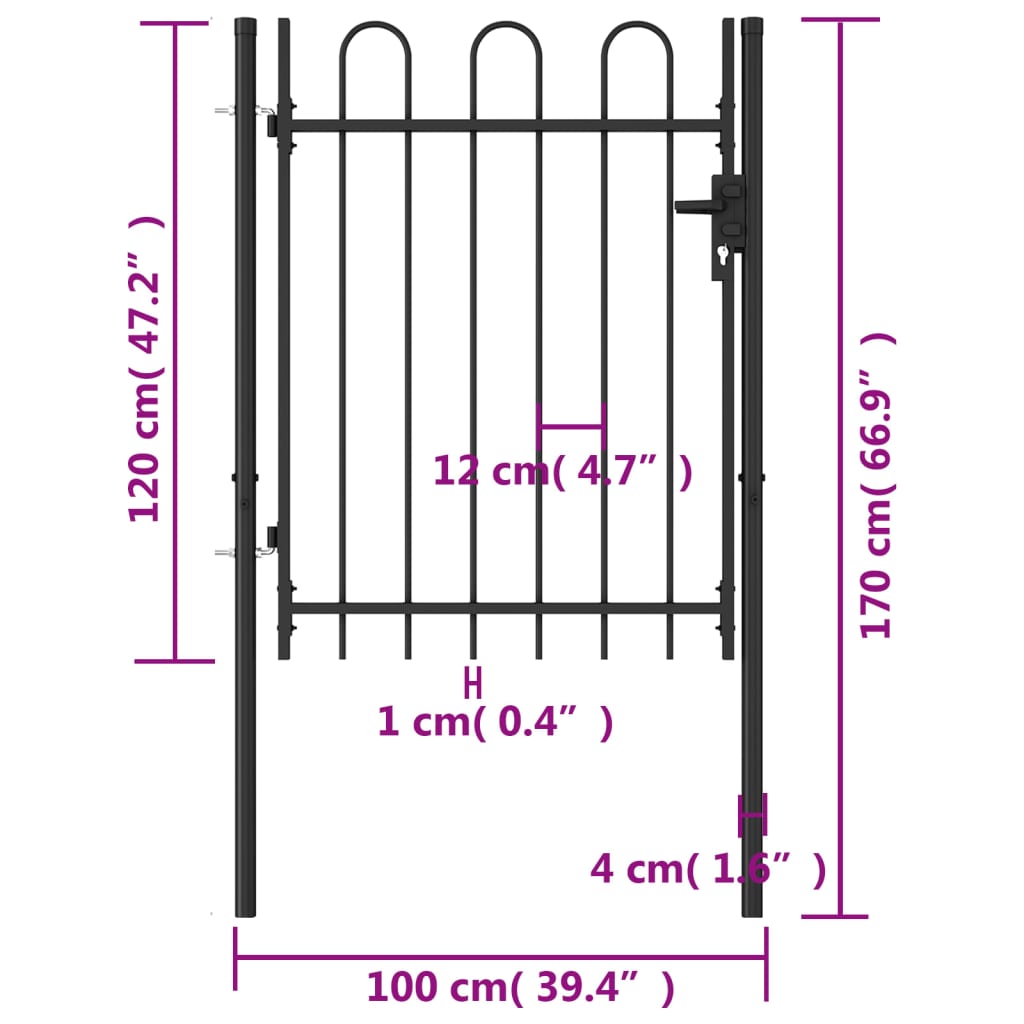 Berkfield Fence Gate Single Door with Arched Top Steel 1x1.2 m Black