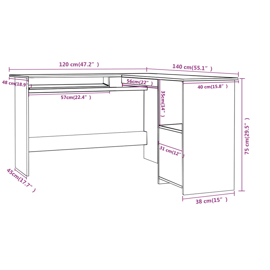 Berkfield L-Shaped Corner Desk High Gloss Grey 120x140x75 cm Engineered Wood