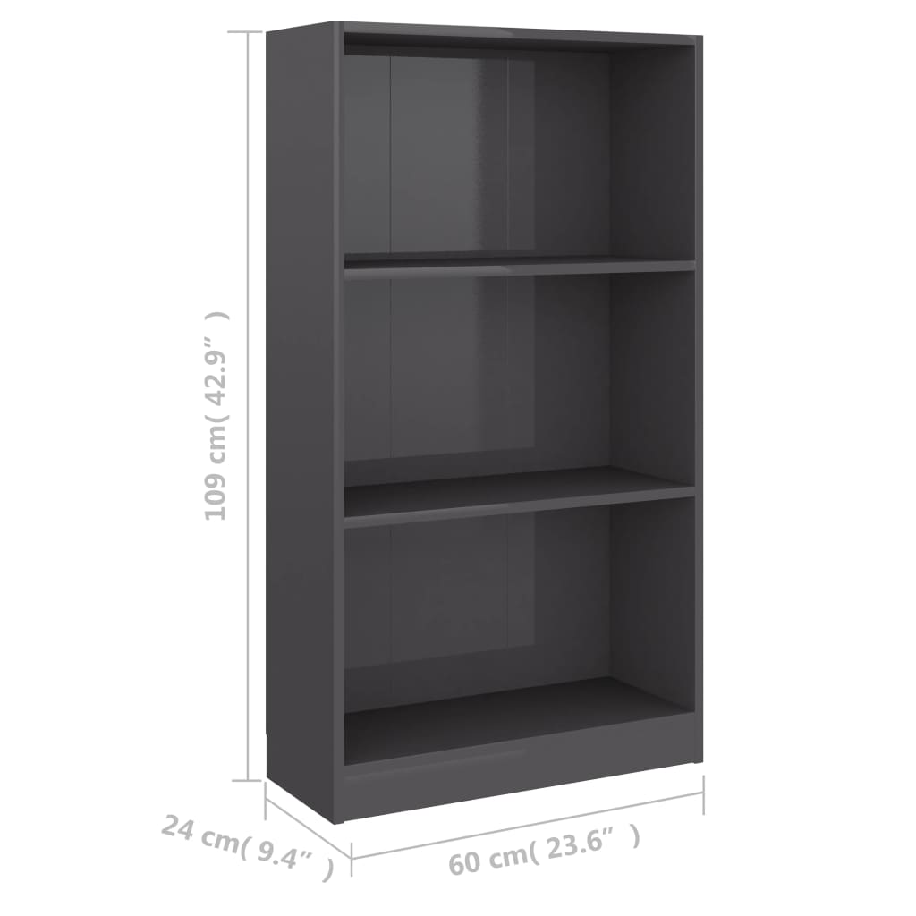 Berkfield 3-Tier Book Cabinet High Gloss Grey 60x24x109 cm Engineered Wood