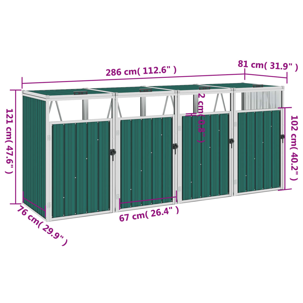 Berkfield Quadruple Garbage Bin Shed Green 286x81x121 cm Steel
