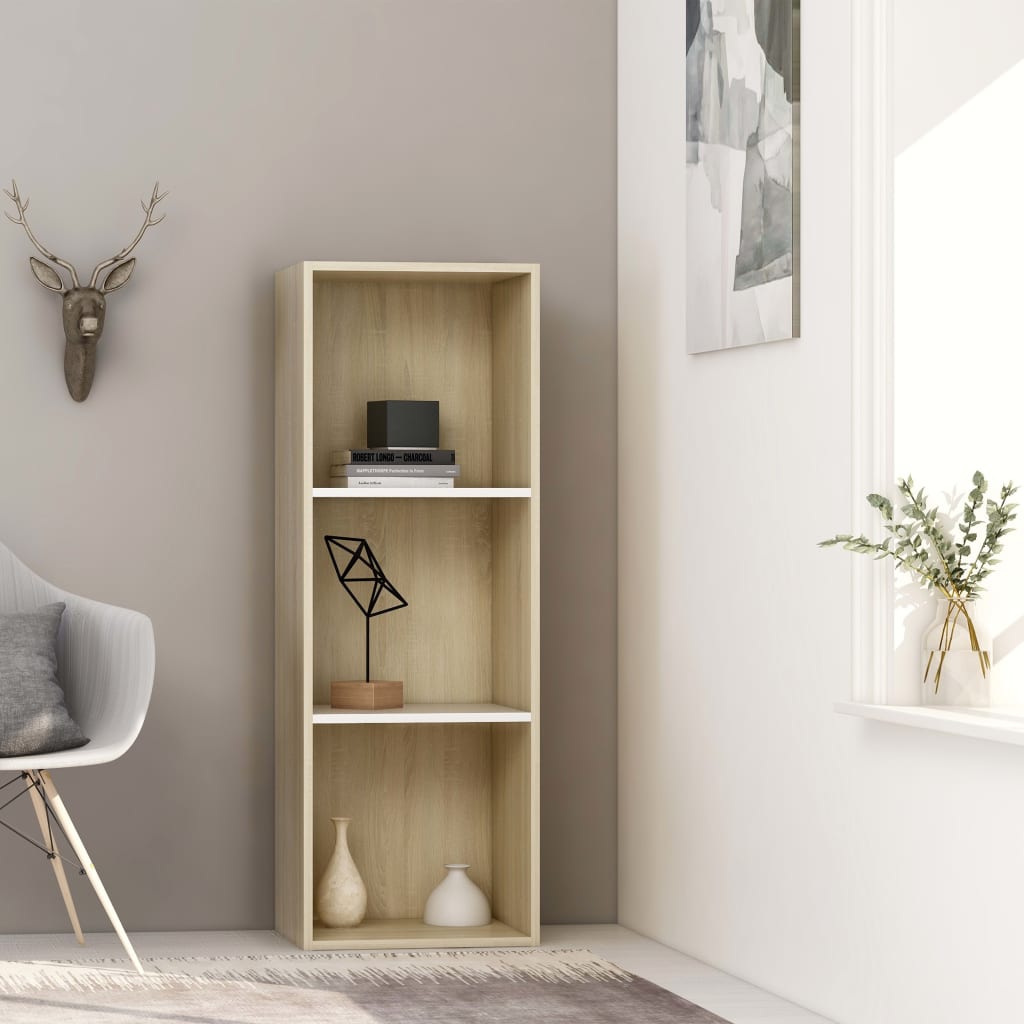 Berkfield 3-Tier Book Cabinet White and Sonoma Oak 40x30x114 cm Engineered Wood