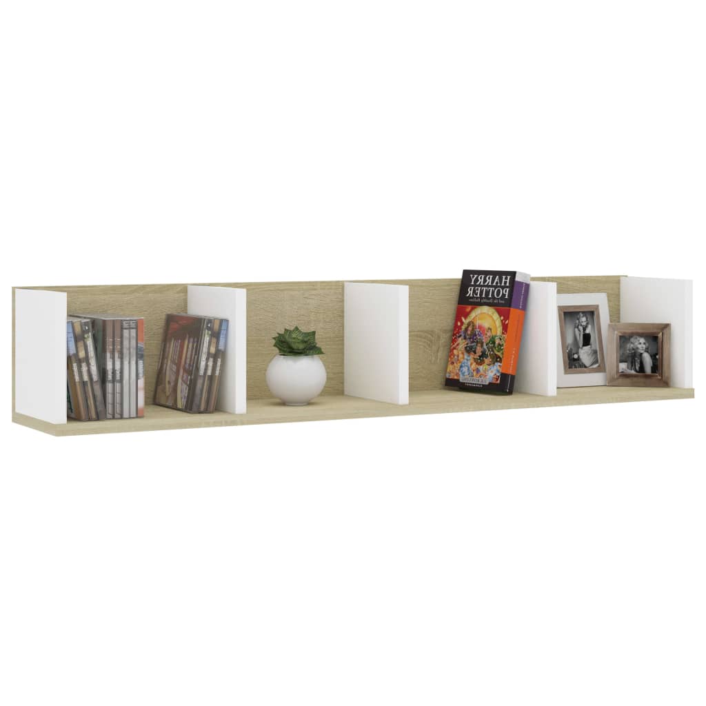 Berkfield CD Wall Shelf White and Sonoma Oak 100x18x18 cm Engineered Wood