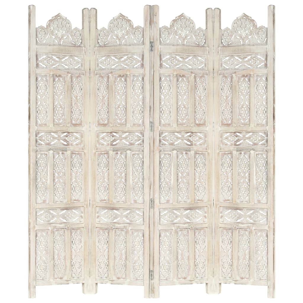 Berkfield Hand carved 4-Panel Room Divider White 160x165 cm Solid Mango Wood