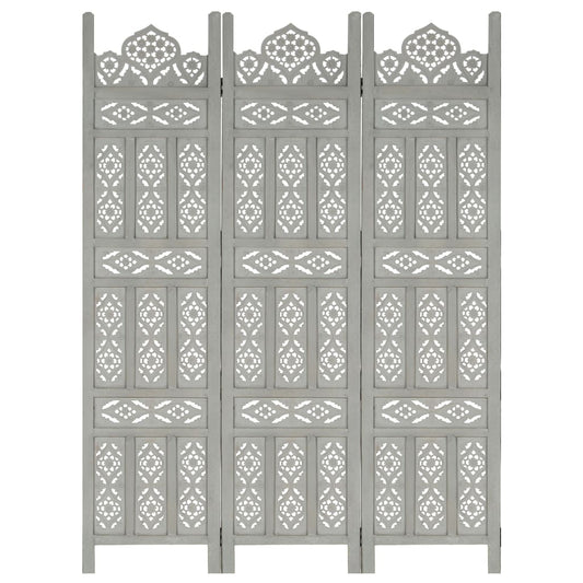Berkfield Hand carved 3-Panel Room Divider Grey 120x165 cm Solid Mango Wood