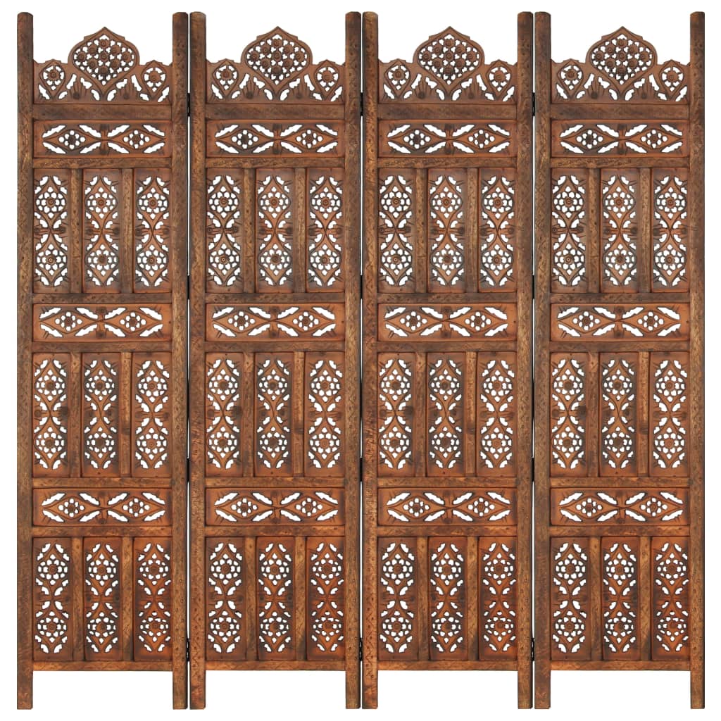 Berkfield Hand carved 4-Panel Room Divider Brown 160x165 cm Solid Mango Wood