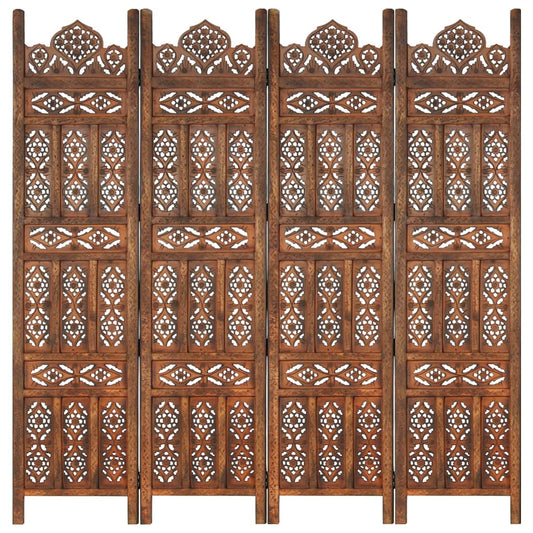 Berkfield Hand carved 4-Panel Room Divider Brown 160x165 cm Solid Mango Wood
