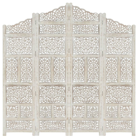 Berkfield Hand carved 4-Panel Room Divider White 160x165 cm Solid Mango Wood