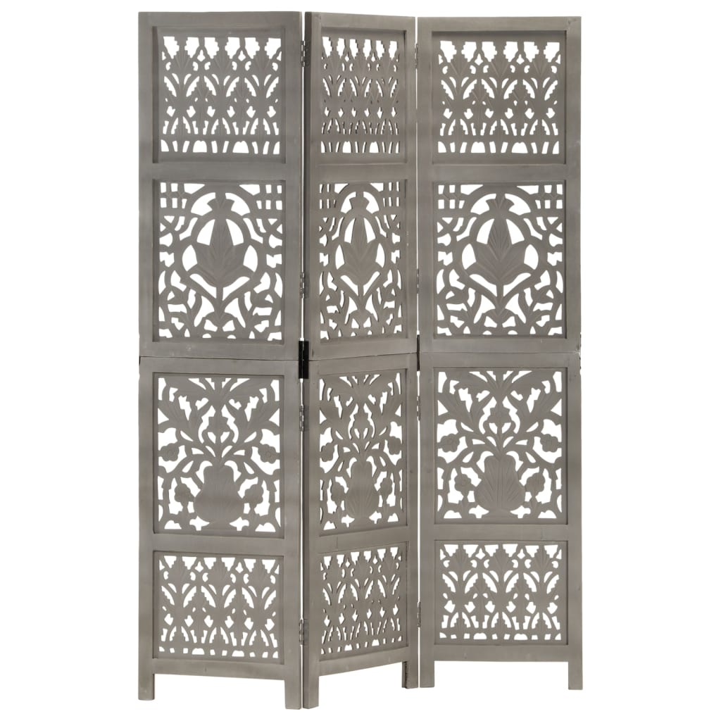 Berkfield Hand Carved 3-Panel Room Divider Grey 120x165 cm Solid Mango Wood