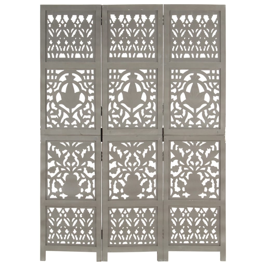 Berkfield Hand Carved 3-Panel Room Divider Grey 120x165 cm Solid Mango Wood
