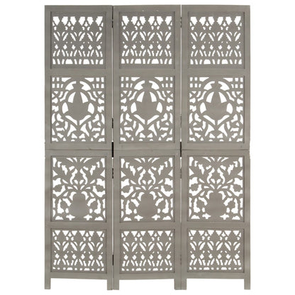 Berkfield Hand Carved 3-Panel Room Divider Grey 120x165 cm Solid Mango Wood