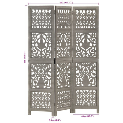 Berkfield Hand Carved 3-Panel Room Divider Grey 120x165 cm Solid Mango Wood