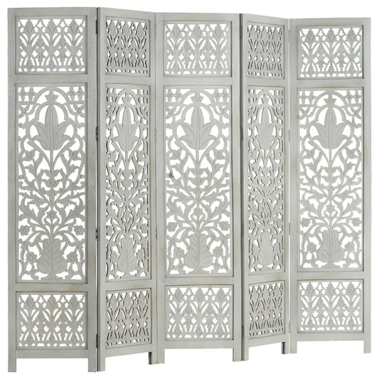 Berkfield Hand Carved 5-Panel Room Divider Grey 200x165 cm Solid Mango Wood