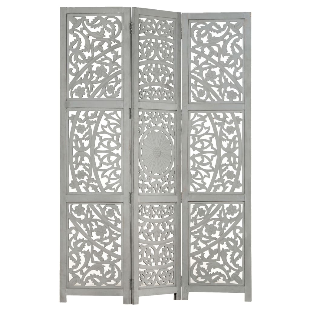 Berkfield Hand carved 3-Panel Room Divider Grey 120x165 cm Solid Mango Wood