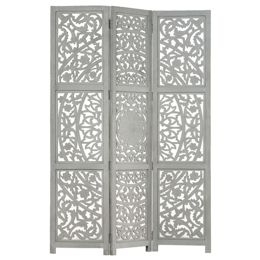 Berkfield Hand carved 3-Panel Room Divider Grey 120x165 cm Solid Mango Wood