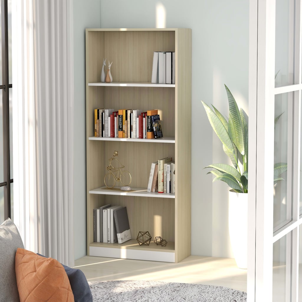 Berkfield 4-Tier Book Cabinet White and Sonoma Oak 60x24x142 cm Engineered Wood
