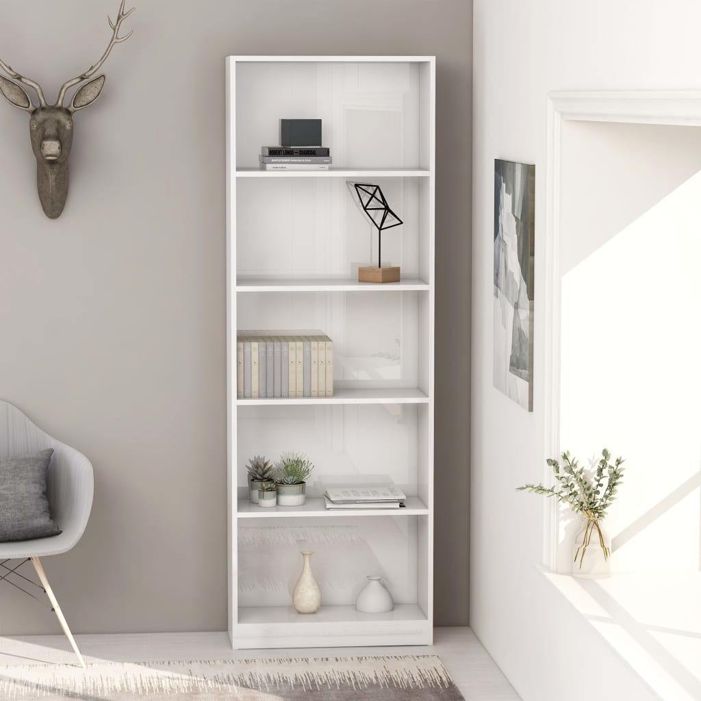 Berkfield 5-Tier Book Cabinet High Gloss White 60x24x175 cm Engineered Wood