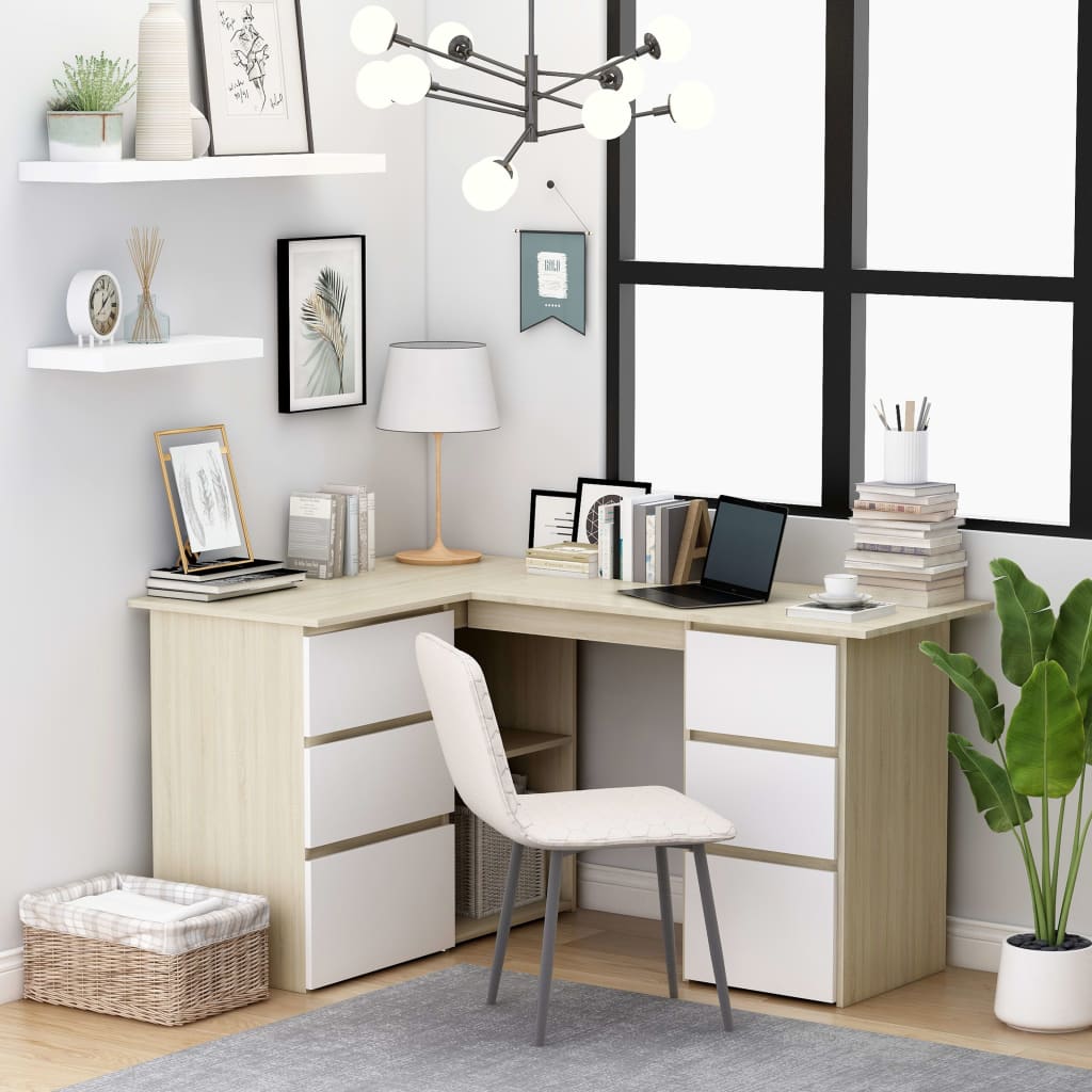 Berkfield Corner Desk White and Sonoma Oak 145x100x76 cm Engineered Wood