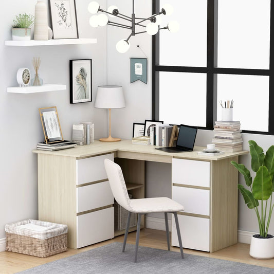 Berkfield Corner Desk White and Sonoma Oak 145x100x76 cm Engineered Wood