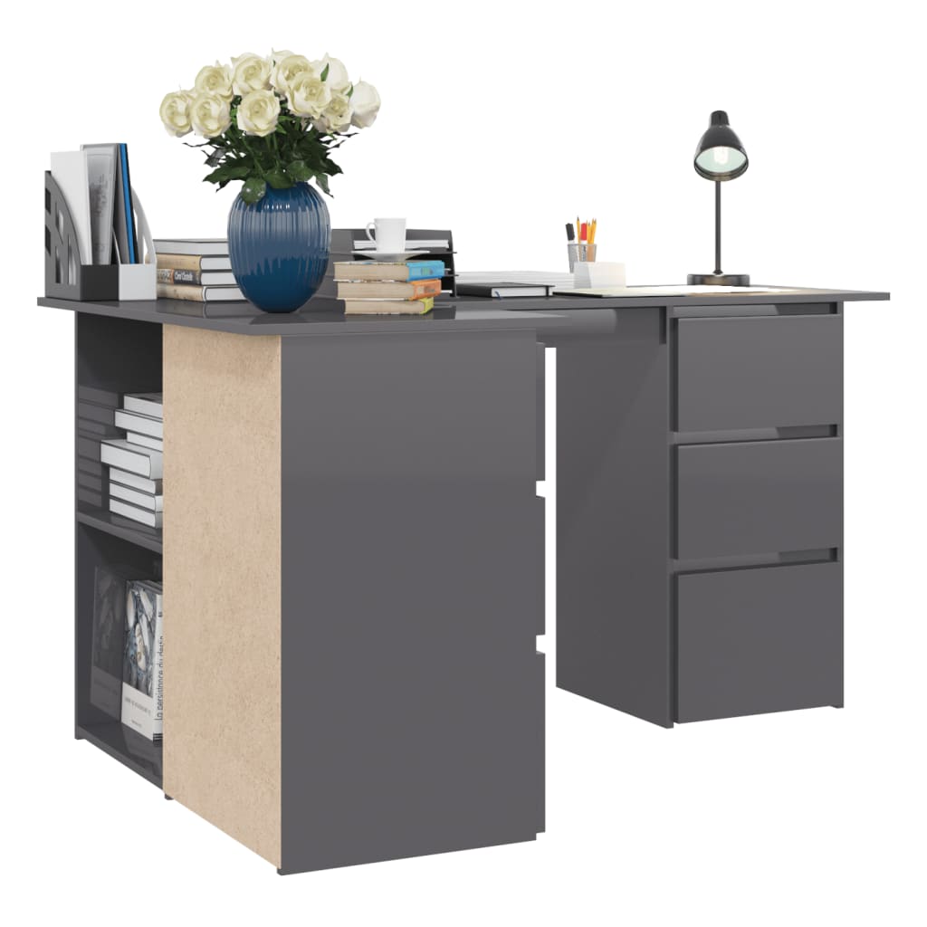 Berkfield Corner Desk High Gloss Grey 145x100x76 cm Engineered Wood