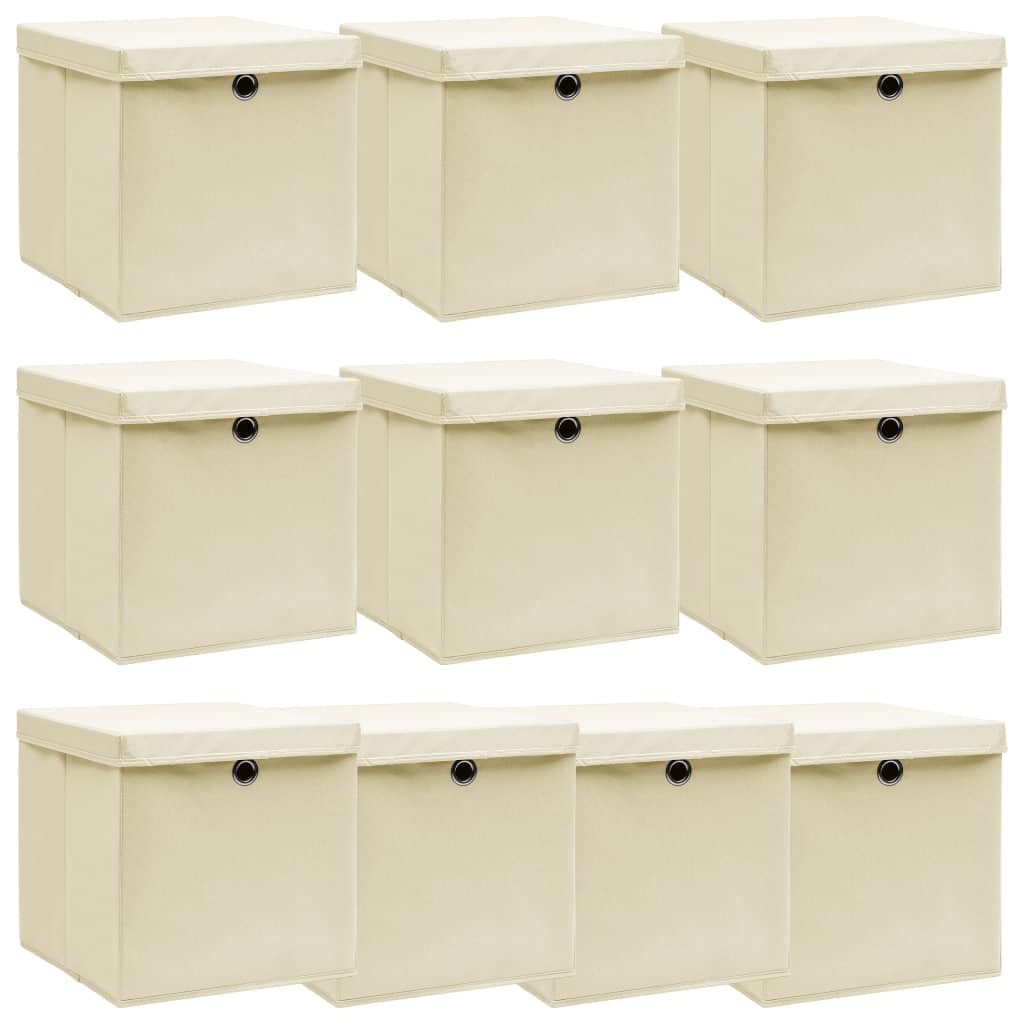 Berkfield Storage Boxes with Lid 10 pcs Cream 32x32x32 cm Fabric
