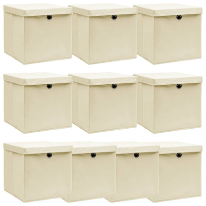 Berkfield Storage Boxes with Lid 10 pcs Cream 32x32x32 cm Fabric