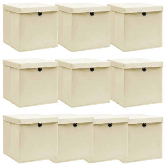 Berkfield Storage Boxes with Lid 10 pcs Cream 32x32x32 cm Fabric