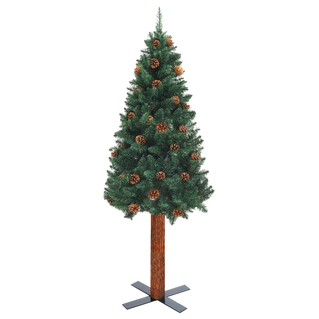 Berkfield Slim Christmas Tree with Real Wood and Cones Green 180 cm PVC