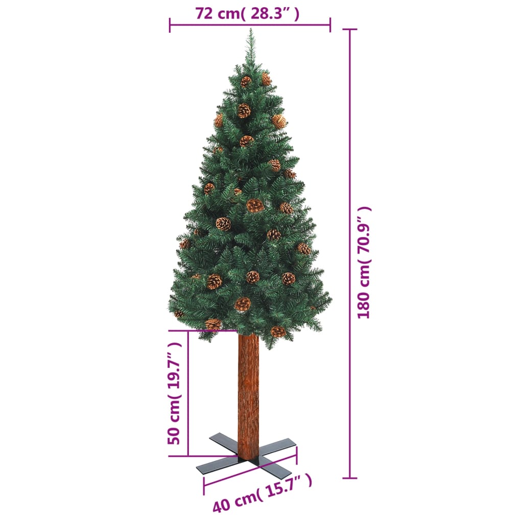 Berkfield Slim Christmas Tree with Real Wood and Cones Green 180 cm PVC