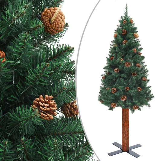 Berkfield Slim Christmas Tree with Real Wood and Cones Green 210 cm PVC