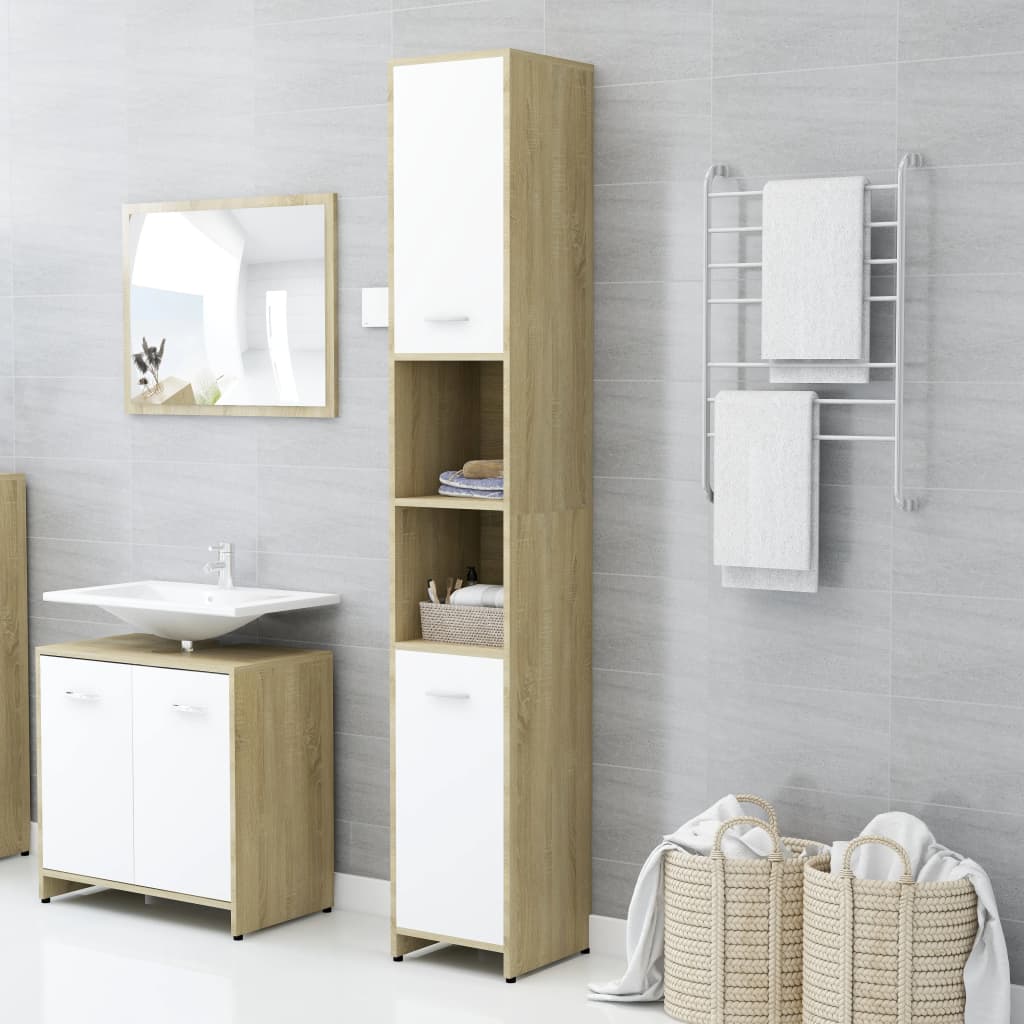 Berkfield Bathroom Cabinet White and Sonoma Oak 30x30x183.5 cm Engineered Wood