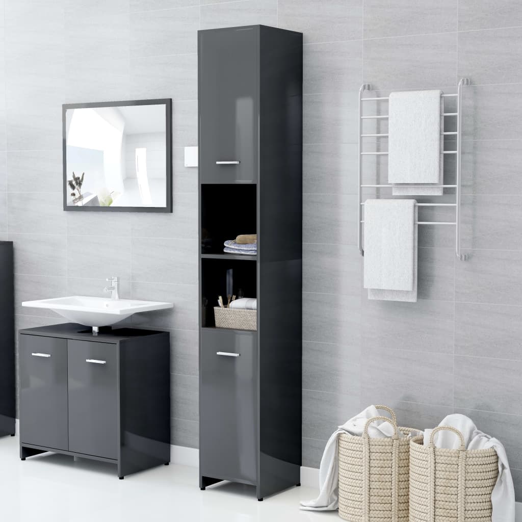 Berkfield Bathroom Cabinet High Gloss Grey 30x30x183.5 cm Engineered Wood