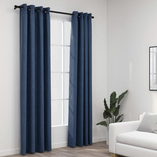 Berkfield Linen-Look Blackout Curtains with Grommets 2 pcs Blue 140x225cm
