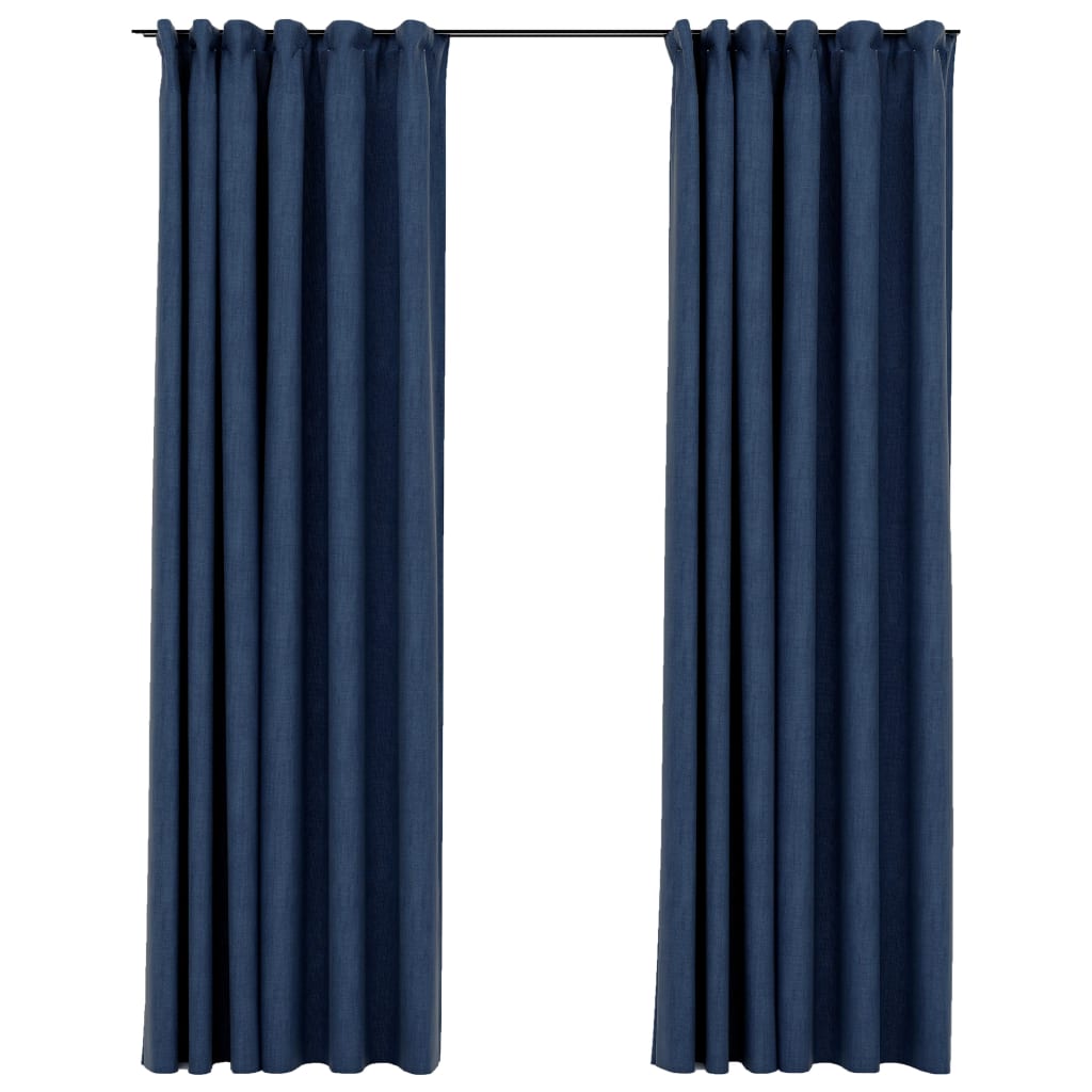 Berkfield Linen-Look Blackout Curtains with Hooks 2 pcs Blue 140x225 cm