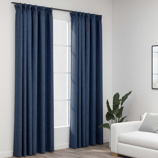 Berkfield Linen-Look Blackout Curtains with Hooks 2 pcs Blue 140x225 cm